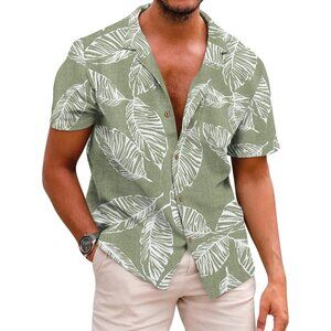 Men's Hawaiian Floral Shirts Cotton Linen Button Down Tropical Beach Shirt
